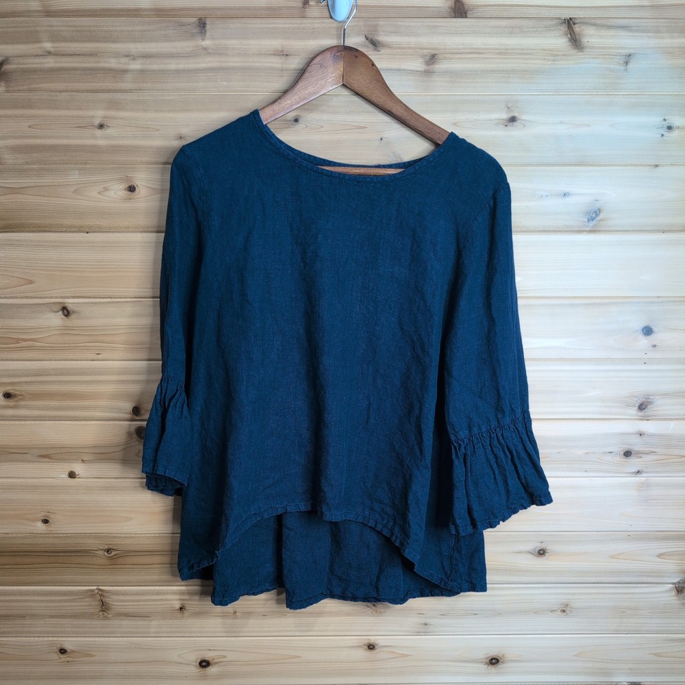 Bryn Walker Navy Blue 100% Linen Ruffle Bell Sleeve High Low Top Small USA